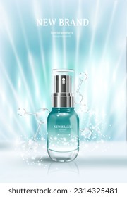 Cosmetics or skin care product ads with glass bottle,light blue and water background glittering light effect. vector design.