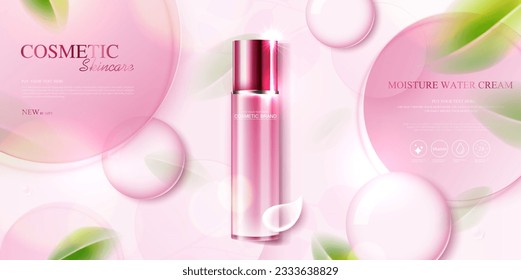 Anuncios de cosméticos o productos para el cuidado de la piel con botellas en la parte superior, banner y productos de belleza, fondo de color rosa con hojas. diseño vectorial.