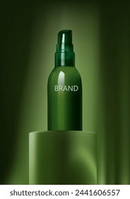 Cosmetics or skin care product ads green bottle and green background , Cosmetics tube mock up ad banner. Realistic 3d vector