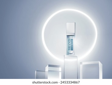 Anuncios de productos cosméticos o de cuidado de la piel con podio de vidrio. Luces circulares en el fondo. Presentación de Producto, maqueta, diseño de Vector.