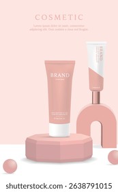 Cosmetics and skin care product ads template on pink geometrical  background.