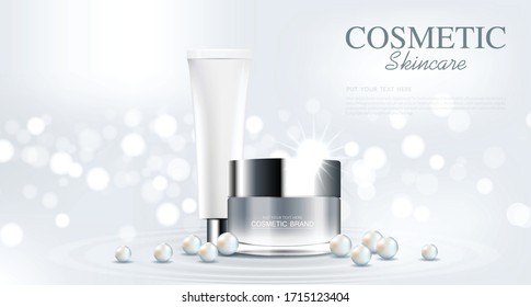 Cosmetics or skin care product face cream container and pearls with bottle, background glittering light effect. vector design.