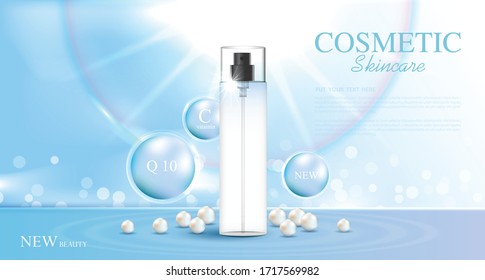 Cosmetics or skin care product face cream container and pearls with bottle, background glittering light effect. vector design.