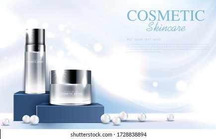 Cosmetics or skin care product face cream container and pearls with bottle, background glittering light effect. vector design.