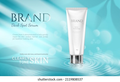 Cosmetics, skin care products, luxurious tubes on the water surface. with leaf shadows. on a blue background. 3d vector