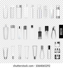 Cosmetics Skincare Empty Glass Package Samples Assortment Realistic Set Wth Spray Bottles On Transparent Background Vector Illustration