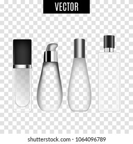 Cosmetics skincare empty glass package samples assortment realistic set wth spray bottles on transparent background vector illustration