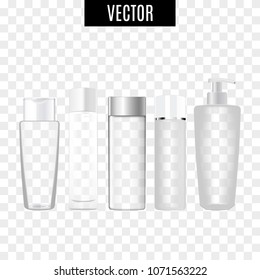Cosmetics skincare empty glass package samples assortment realistic set wth spray bottles on transparent background vector illustration
