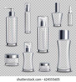 Cosmetics skincare empty glass package samples assortment realistic set wth spray bottles on transparent background vector illustration