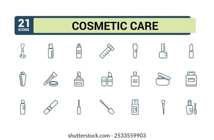 Cosméticos e skincare linha ícones conjunto. Contendo maquiagem, hidratante, soro, tratamento, loção e muito mais. Coleção de ícones de vetor de linha. Traçado editável. Pixel perfeito.