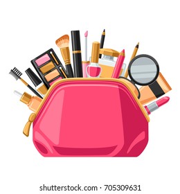 Cosmetics for skincare and makeup in bag. Background for catalog or advertising.