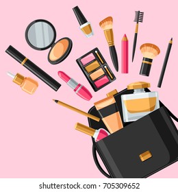 Cosmetics for skincare and makeup out of bag. Background for catalog or advertising.