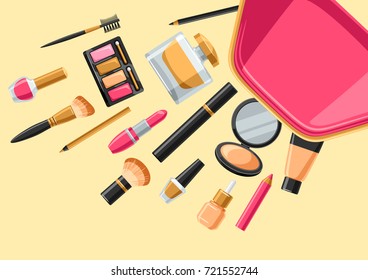 Cosmetics for skincare and makeup out of bag. Background for catalog or advertising.