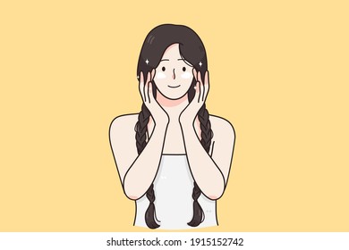 Cosmetics, Skincare, Moisturising Skin Concept. Beautiful Positive Young Woman Cartoon Character Applying Special Cream On Her Freckled Face And Posing On Beige Wall Vector Illustration 