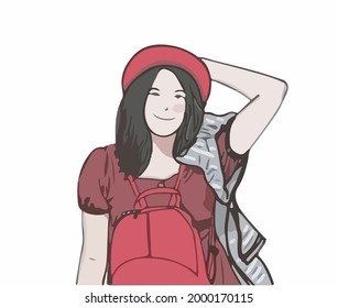 Cosmetics, skincare, moisturising skin concept. Beautiful positive young woman cartoon character applying special cream on her freckled face and posing on beige wall vector illustration 
