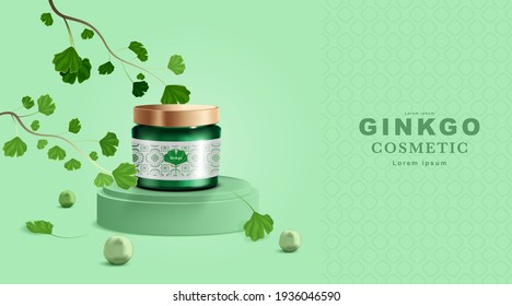 Cosmetics or skincare product. Bottle mockup and Ginkgo Leaves with green background. vector illustration.