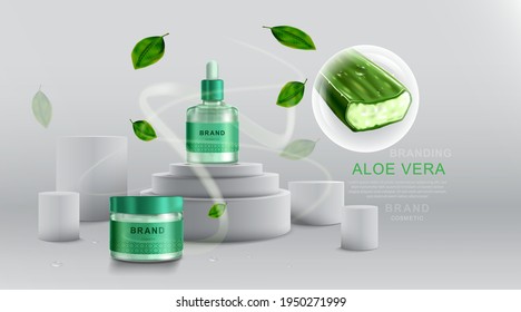 Cosmetics or skincare product. Bottle mockup and Aloe vera with geometric background. vector illustration.