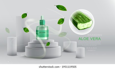 Cosmetics or skincare product. Bottle mockup and Aloe vera with geometric background. vector illustration.