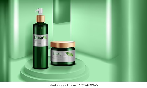 Cosmetics or skincare product. Green bottle Mockup and green wall background. vector illustration.