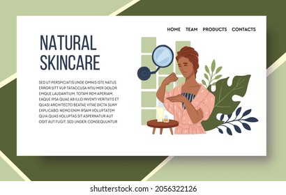 Cosmetics and skincare products, natural and organic lotions and creams for moisturizing and lifting effect. Lady applying serum by mirror. Website or web page landing template, vector in flat style