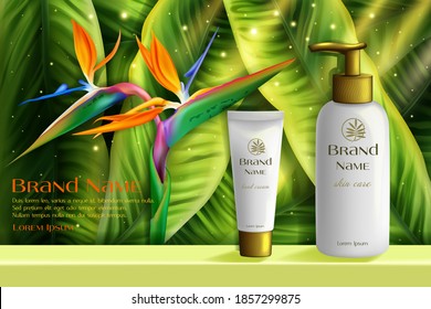 Cosmetics skincare vector illustration. Realistic 3d trendy white bottles with body skin care lotion, hand cream, surrounded by green natural tropical leaves flowers, promotion cosmetology background