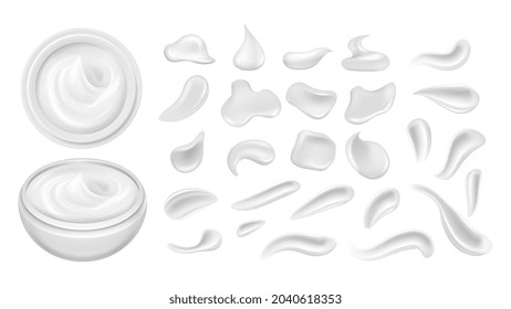 Cosmetics smear. Cream plastic can, smears white lotion or gel. Milk yogurt drops, isolated body care cosmetic realistic vector elements