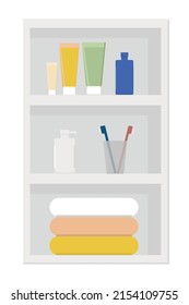 cosmetics and soap on a white shelf in the bathroom cabinet