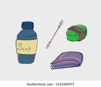 Cosmetics, soap, shampoo, handkerchief, cotton bud. Isolated vector elements on white background