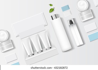 Cosmetics SPA branding mock up, top view, on white background, vector design
