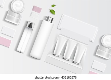 Cosmetics SPA branding mock up, top view, on white background, vector design