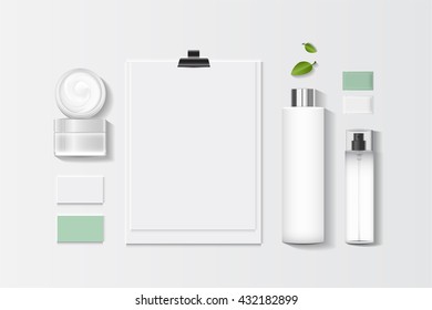 Cosmetics SPA branding mock up, top view, on white background, vector design