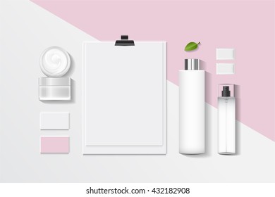 Cosmetics SPA branding mock up, top view, on white background, vector design