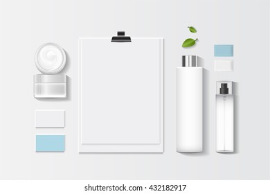 Cosmetics SPA branding mock up, top view, on white background, vector design