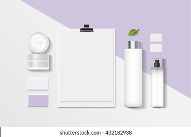 Cosmetics SPA branding mock up, top view, on white background, vector design