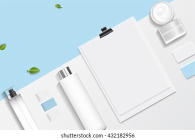 Cosmetics SPA branding mock up, top view, on white background, vector design