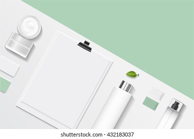 Cosmetics SPA branding mock up, top view, on white background, vector design