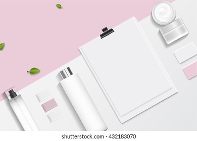 Cosmetics SPA branding mock up, top view, on white background, vector design