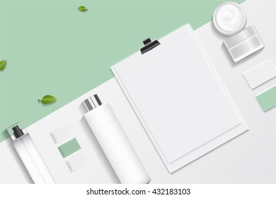 Cosmetics SPA branding mock up, top view, on white background, vector design