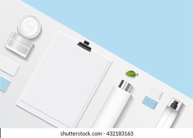 Cosmetics SPA branding mock up, top view, on white background, vector design