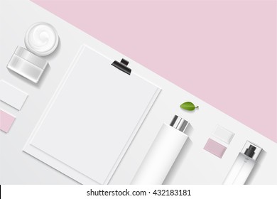 Cosmetics SPA branding mock up, top view, on white background, vector design