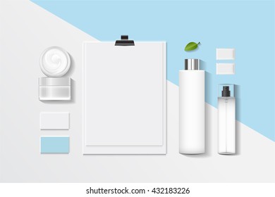 Cosmetics SPA branding mock up, top view, on white background, vector design
