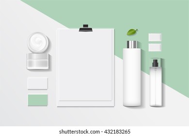 Cosmetics SPA branding mock up, top view, on white background, vector design