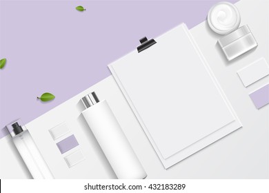 Cosmetics SPA branding mock up, top view, on white background, vector design