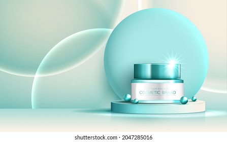 Cosmetics spa or skin care product ads with bottle, banner ad for beauty products ,pearl and bubble on background glittering light effect. vector design.