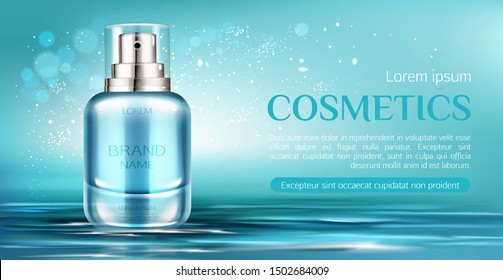 Cosmetics spray bottle mock up banner. Beauty product package on water surface background. Moisturize lotion, essence tube mockup, natural cosmetic skin care promo ad. Realistic 3d vector illustration