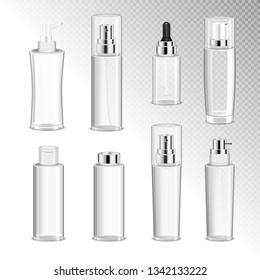 Cosmetics spray bottles with dispenser isolated icons set on transparent background vector illustration