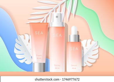 Cosmetics spray and cream tubes ads template. Cream, spray and serum boxes with paper tropical palms leaves and waves background. Gradient orange and white bottles isolated. Realistic 3d style. Vector