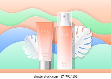 Cosmetics spray and cream tubes ads template. Cosmetic cream boxes with paper tropical palms leaves and waves background. Gradient orange and white bottles isolated. Realistic 3d style. Vector