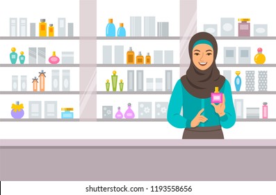 Cosmetics store arabic girl counter near shelves with perfumes and skin care products. Young woman seller offering bottle with new aroma at the perfume shop. Vector cartoon background