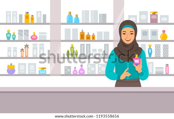 Cosmetics store\
arabic girl counter near shelves with perfumes and skin care\
products. Young woman seller offering bottle with new aroma at the\
perfume shop. Vector cartoon\
background